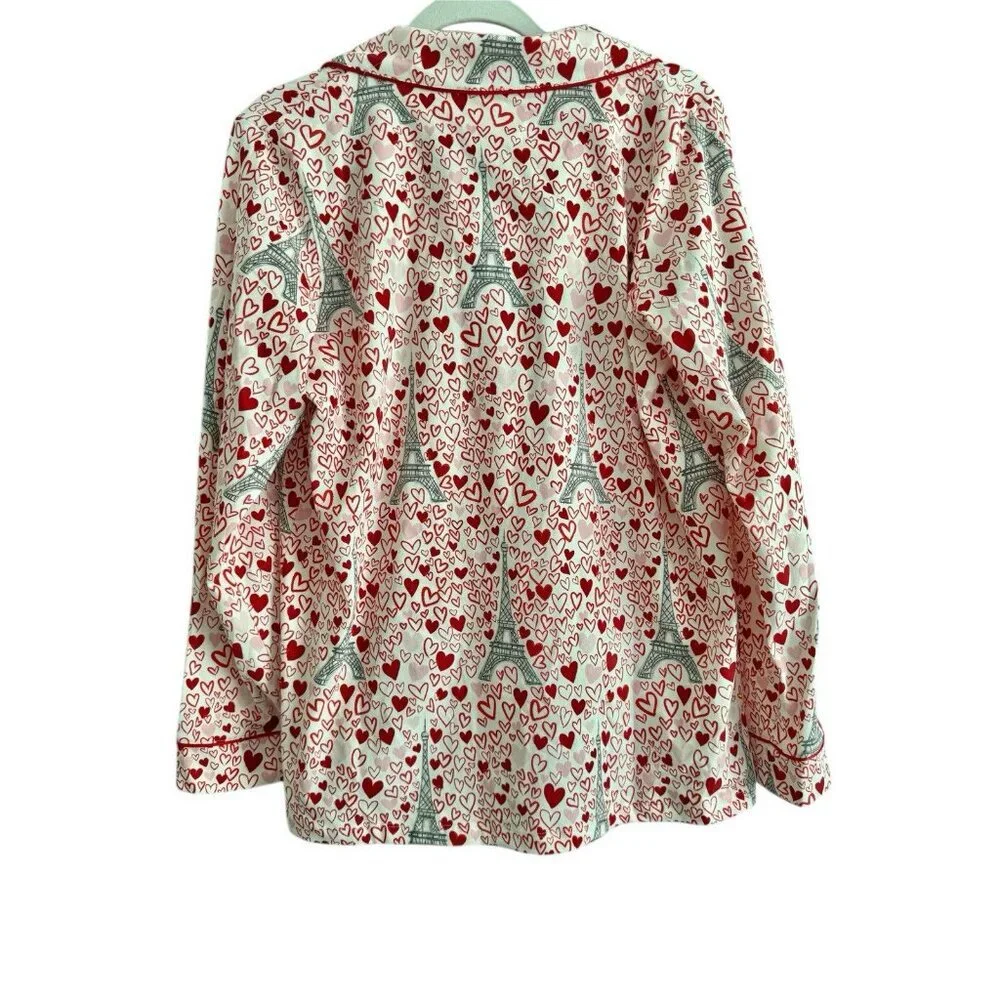BedHead Women's Long Sleeve Button Down Pajama Top Heart Eiffel Notch Size M NEW